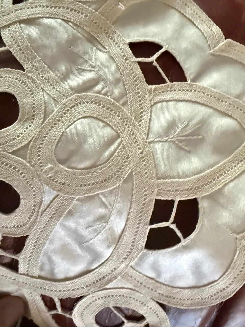 Battenberg Like Lace Tablecloth with Silk & Embroidered Lace - 34”square. Mint.